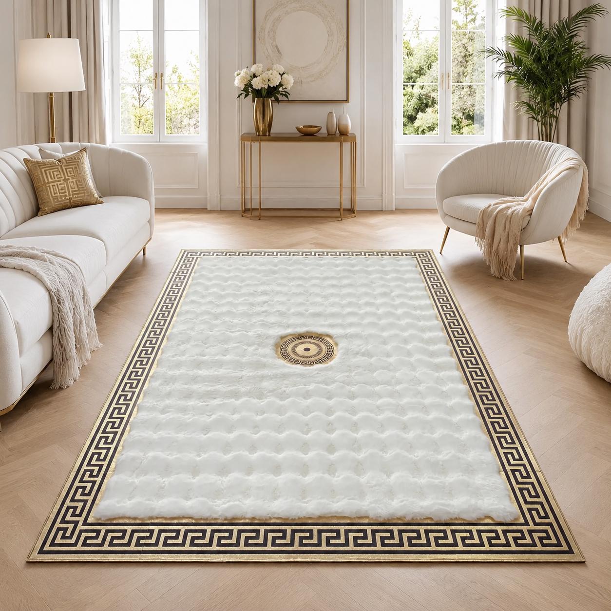 White Plush Rug – Gold Greek Key Border, Medallion Detail, Modern Luxury Carpet