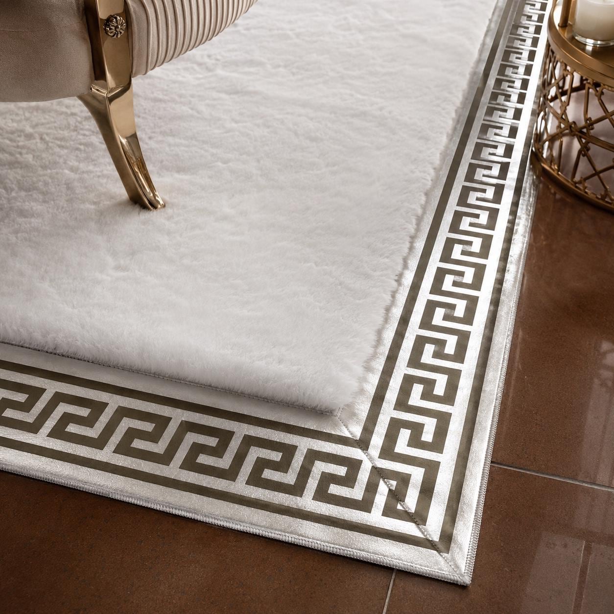 White Plush Rug, Silver Greek Key Border, Soft Faux Fur Carpet, Modern Home Decor