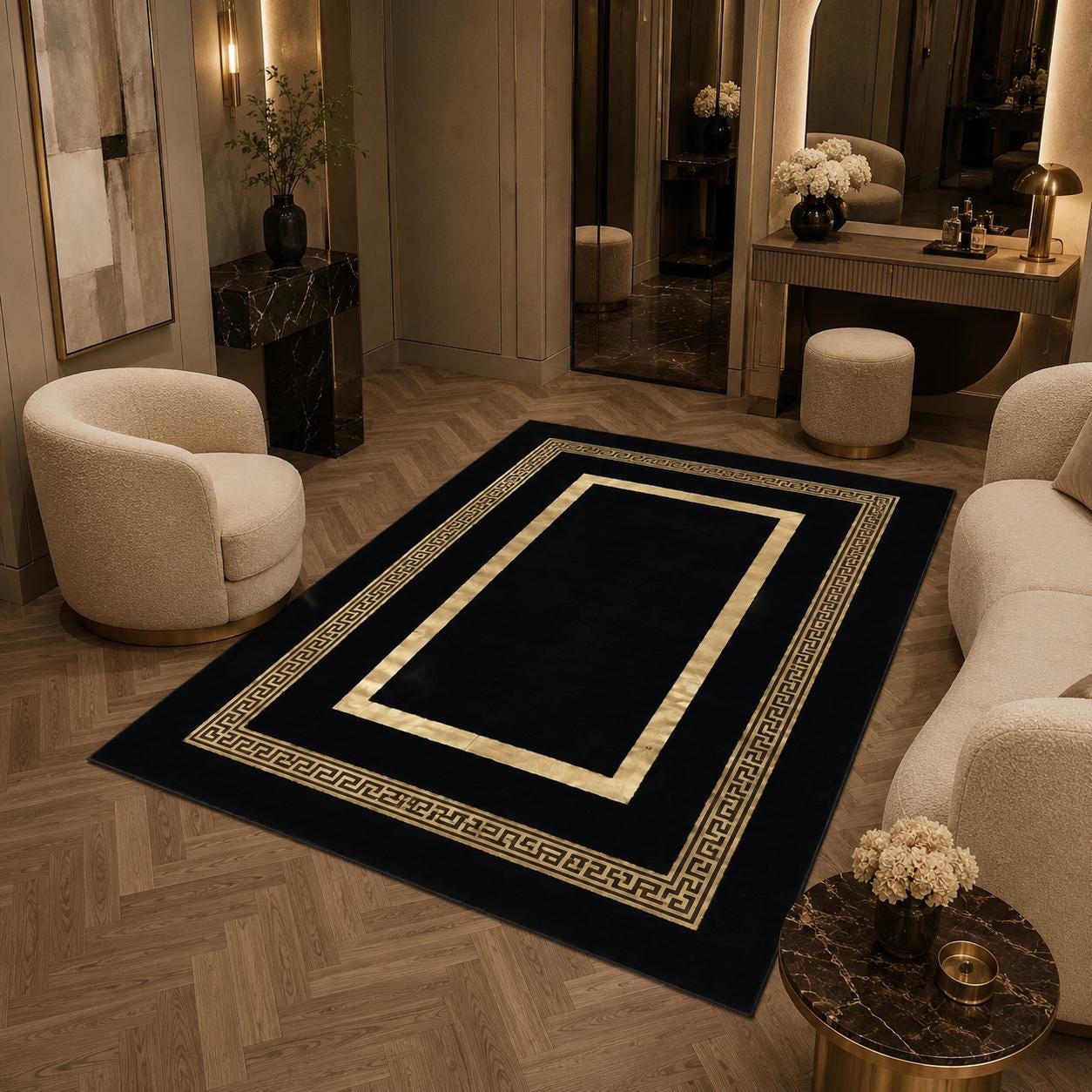 Black Gold Plush Rug, Soft Faux Fur Area Carpet, Modern Geometric Border Home Decor