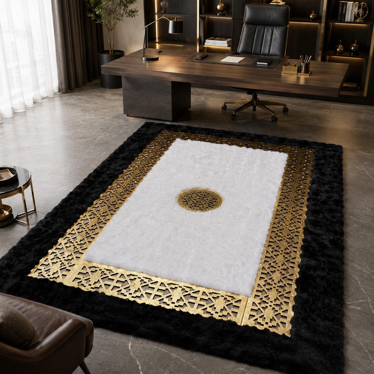 Luxury Plush Rug, Ornamental Gold Border, Black White Faux Fur Carpet (Custom Size)