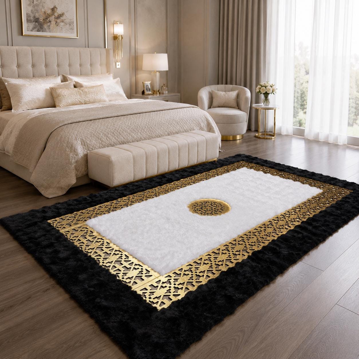 Luxury Plush Rug, Ornamental Gold Border, Black White Faux Fur Carpet (Custom Size)