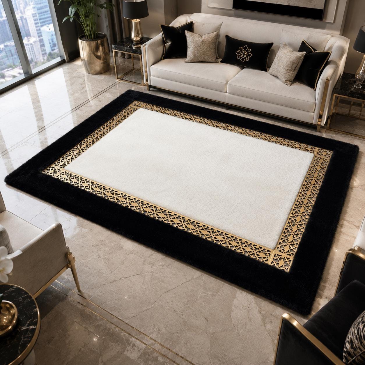 Luxury Plush Rug, Ornamental Gold Border, Black White Faux Fur Carpet, Designer Home Decor
