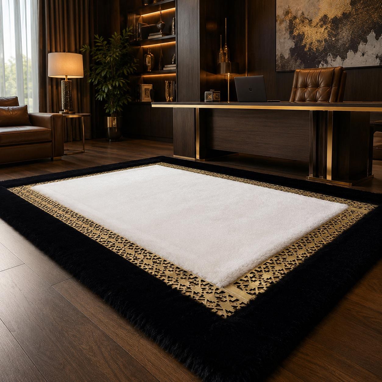Luxury Plush Rug, Ornamental Gold Border, Black White Faux Fur Carpet, Designer Home Decor