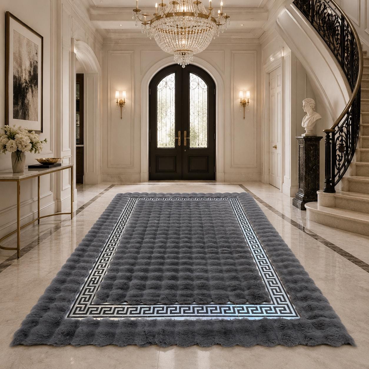 Gray Plush Rug, Silver Greek Key Border, Soft Faux Fur Area Rug