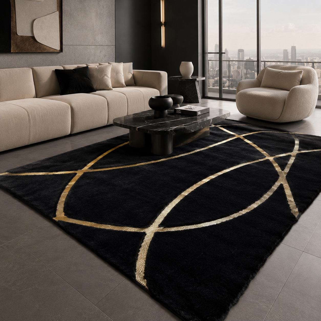 Black Gold Geometric Plush Rug, Modern Faux Fur Carpet, Designer Home Decor
