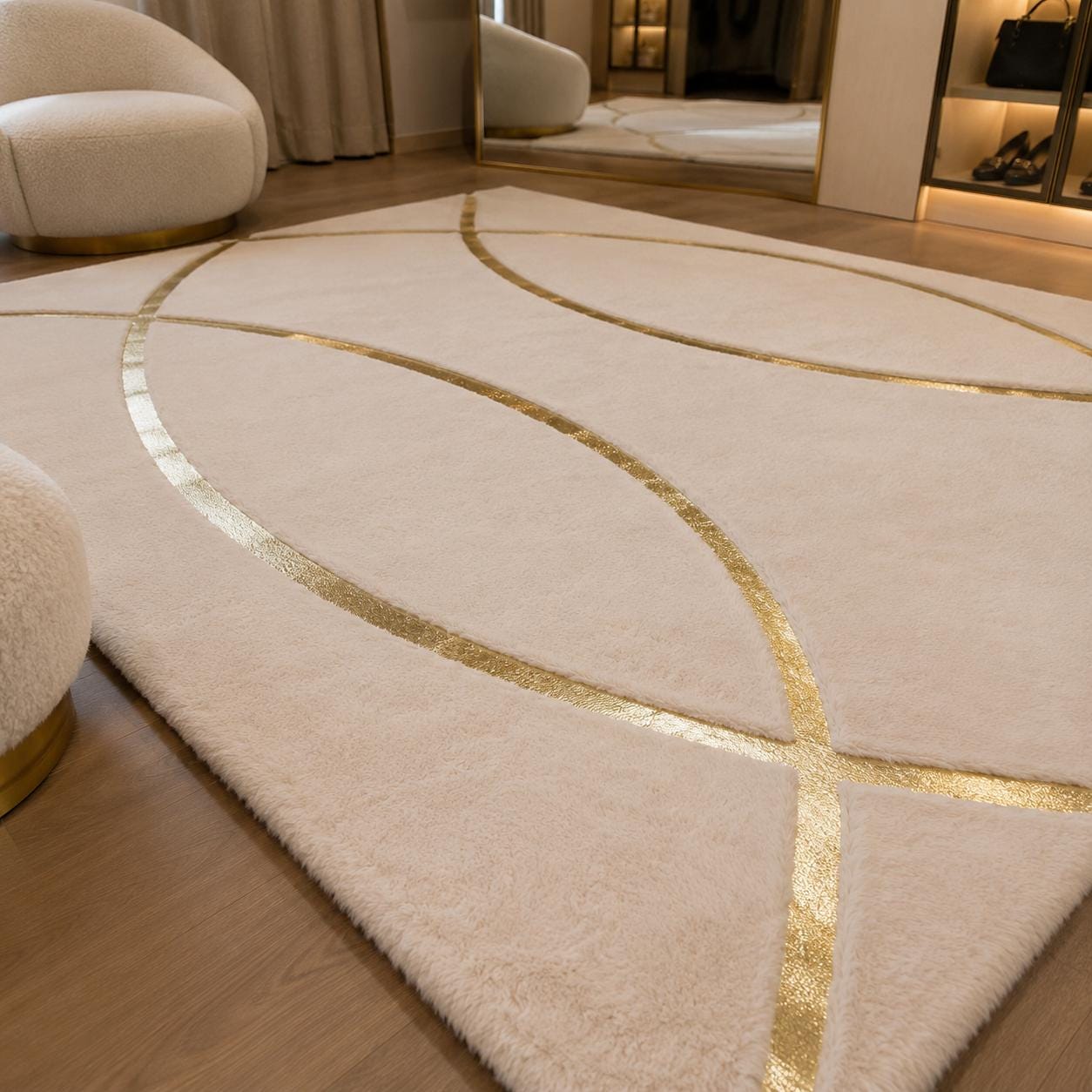 Ivory Gold Plush Rug, Modern Geometric Area Carpet, Soft Faux Fur Designer Home Decor