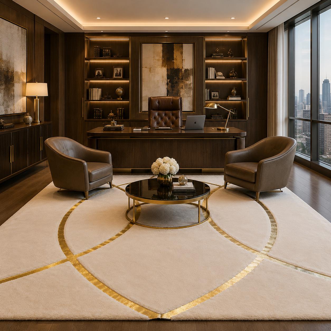 Ivory Gold Plush Rug, Modern Geometric Area Carpet, Soft Faux Fur Designer Home Decor