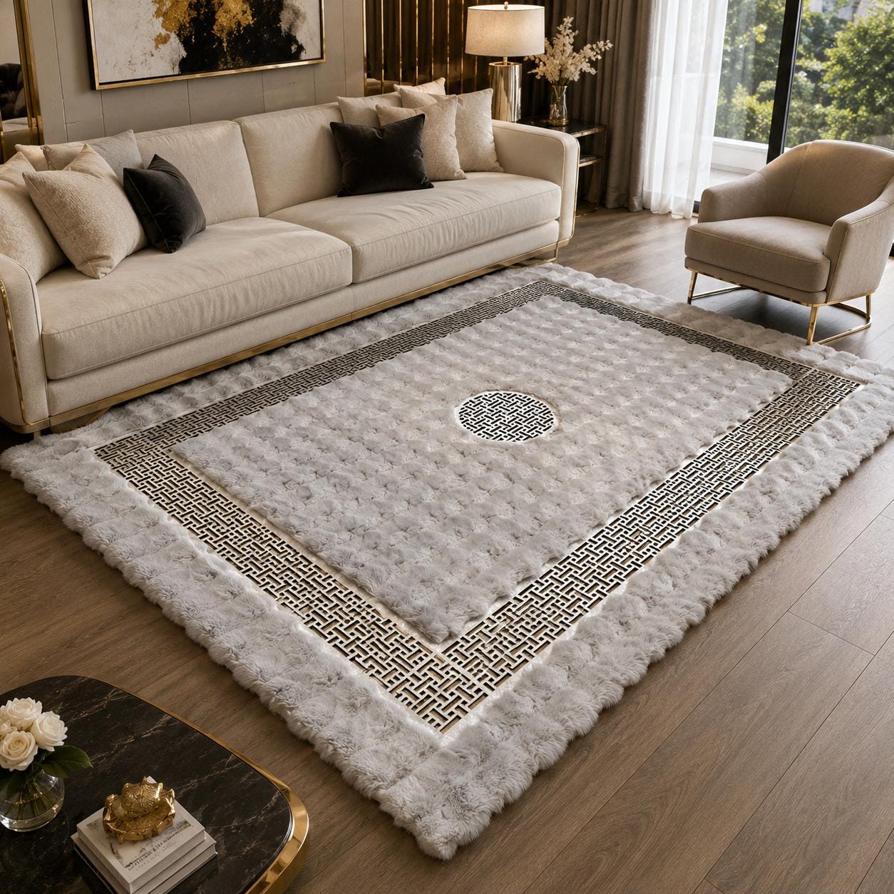 Luxury Beige Plush Rug, Ornamental Silver Border, Soft Faux Fur Carpet, Elegant Home Decor