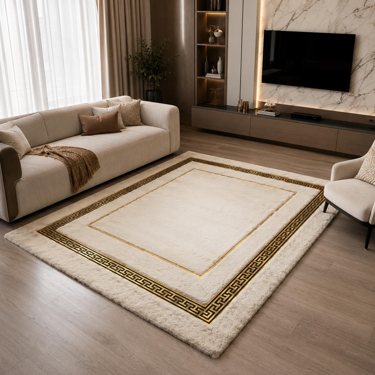 Ivory Plush Rug, Gold Greek Key Border, Soft Faux Fur Carpet, Elegant Home Decor