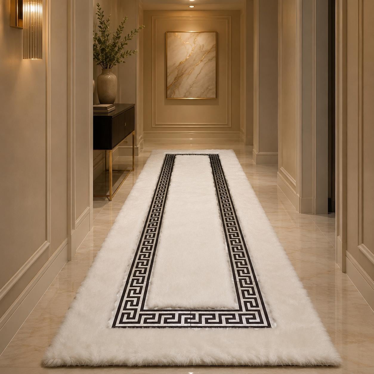 White Plush Rug, Silver Greek Key Border, Soft Faux Fur Carpet, Custom Size