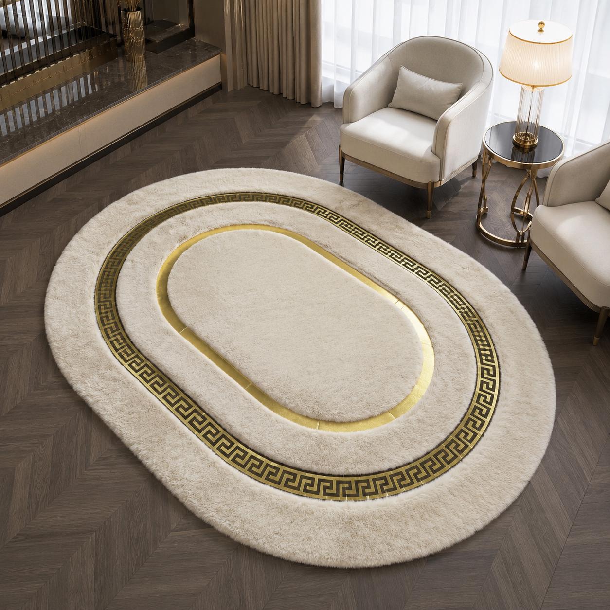 Oval Ivory Plush Rug, Gold Greek Key Border, Soft Faux Fur, Elegant Home Decor