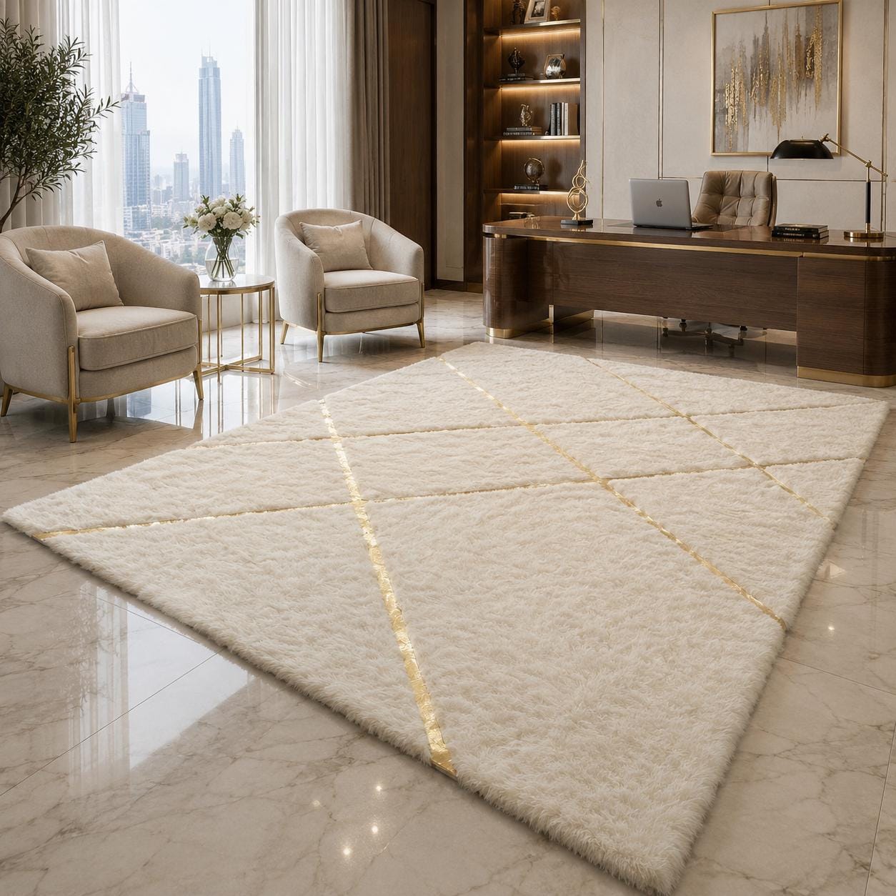 Ivory Gold Plush Geometric Rug, Soft Faux Fur Carpet, Modern Designer Home Decor
