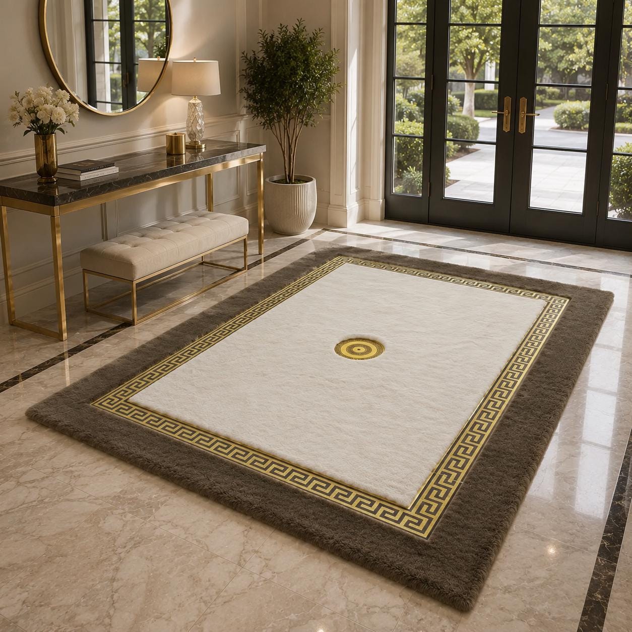 Luxury Plush Rug, Brown Gold Greek Key Area Carpet, Soft Faux Fur Home Decor