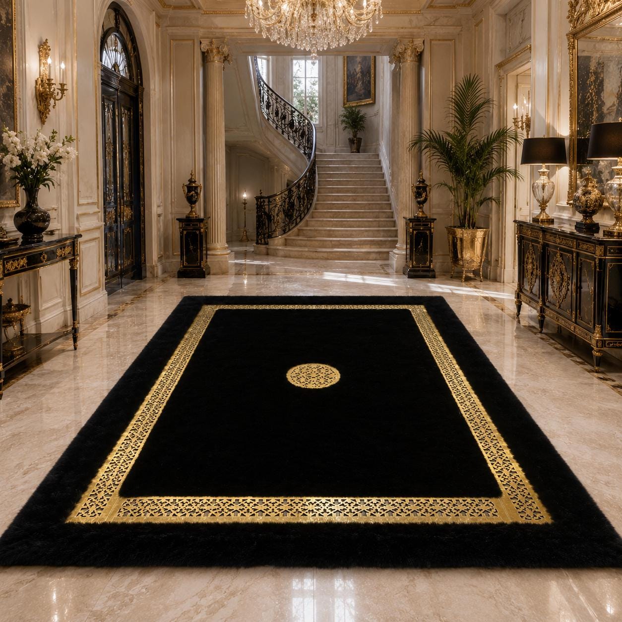 Black Gold Plush Rug, Luxury Faux Fur Carpet, Modern Glam Area Rug (Custom Size)