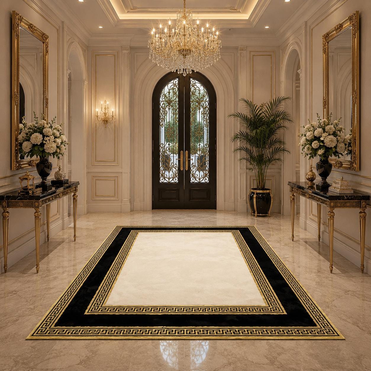 Luxury Greek Key Area Rug, Black Gold Ivory Designer Carpet, Contemporary Living Room Decor