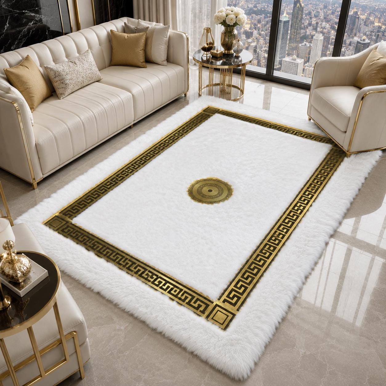 White Gold Plush Rug, Greek Key Border, Faux Fur Carpet, Modern Glam Home Decor