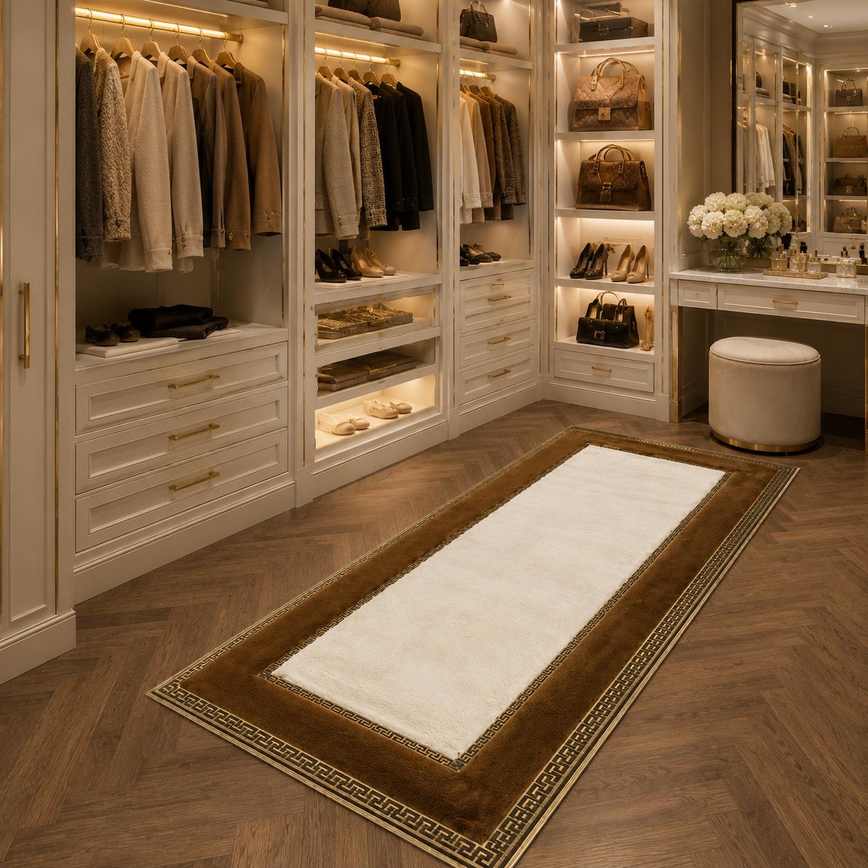 Luxury Runner Rug, Brown Ivory Gold Greek Key Border, Hallway Carpet