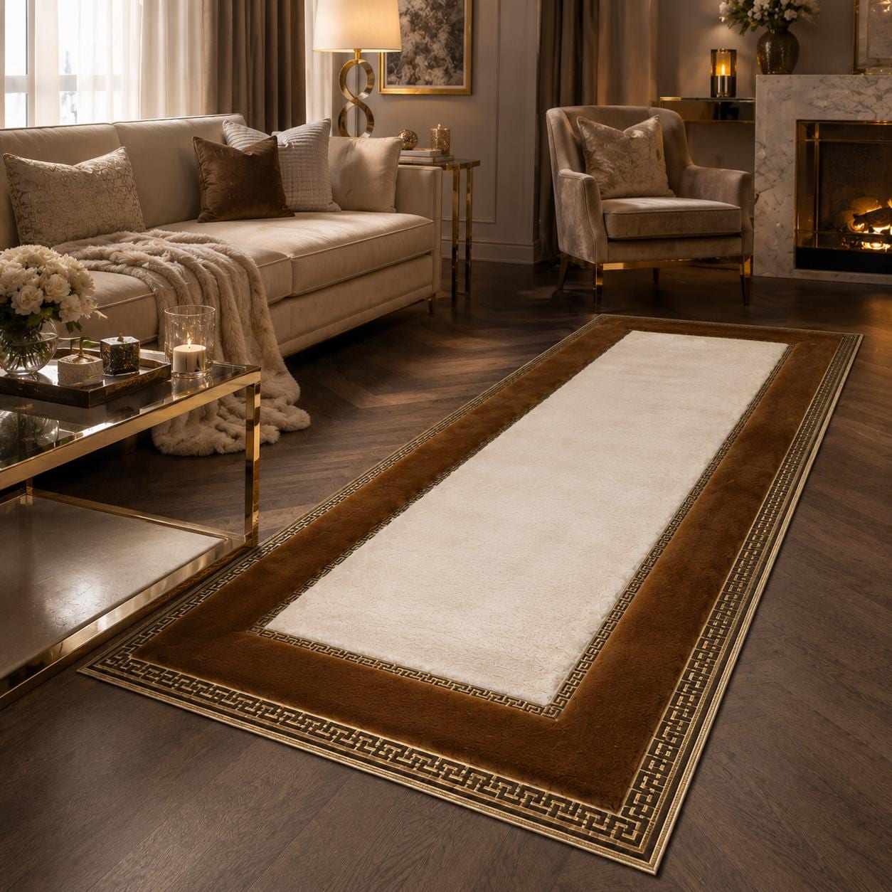 Luxury Runner Rug, Brown Ivory Gold Greek Key Border, Hallway Carpet