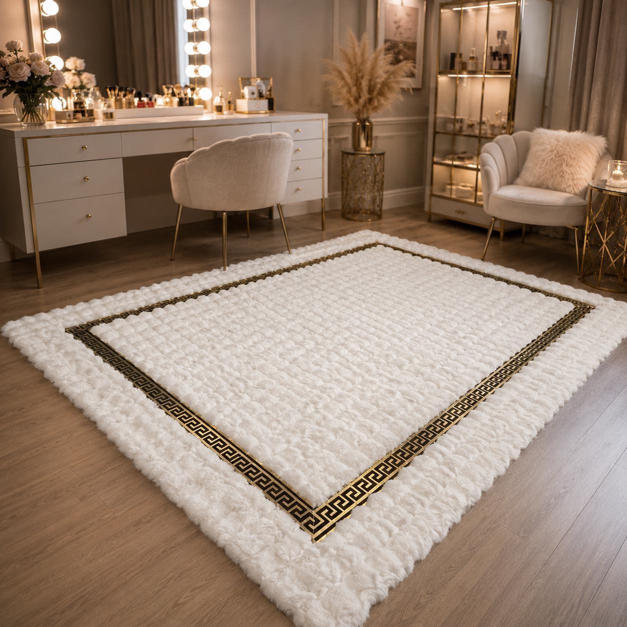White Plush Area Rug, Greek Key Border, Faux Fur Carpet, Modern Glam Home Decor