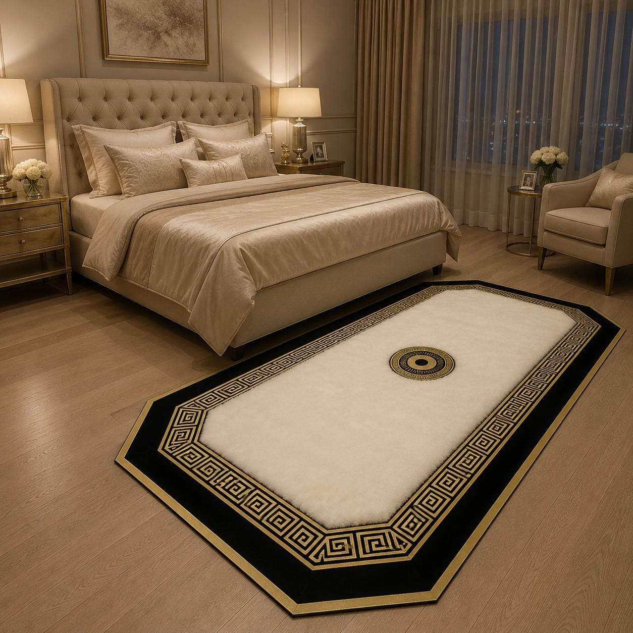 Black White Gold Octagon Rug, Plush Greek Key Designer Carpet