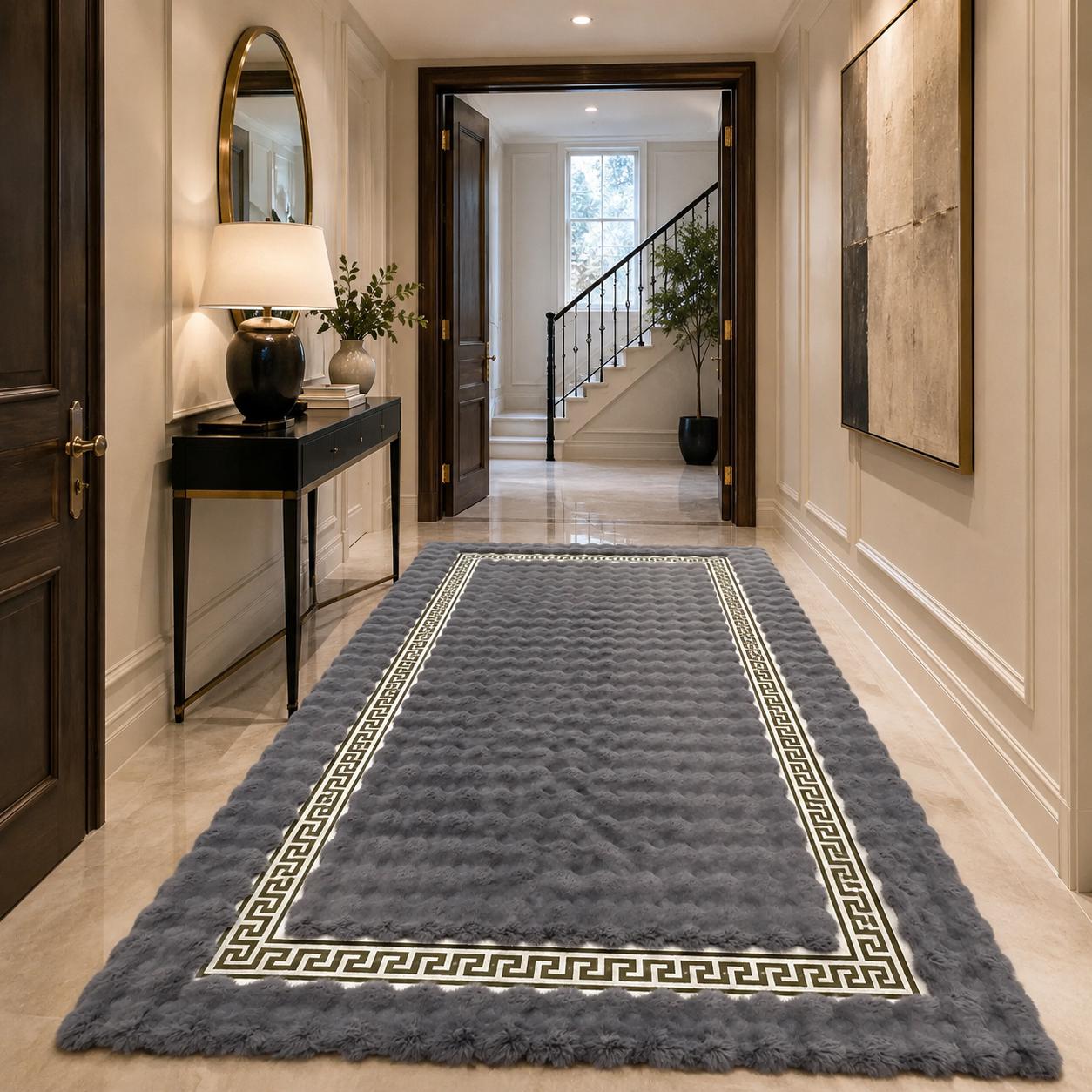 Light Grey Plush Faux Fur Rug, Silver Greek Key Border, Modern Designer Carpet
