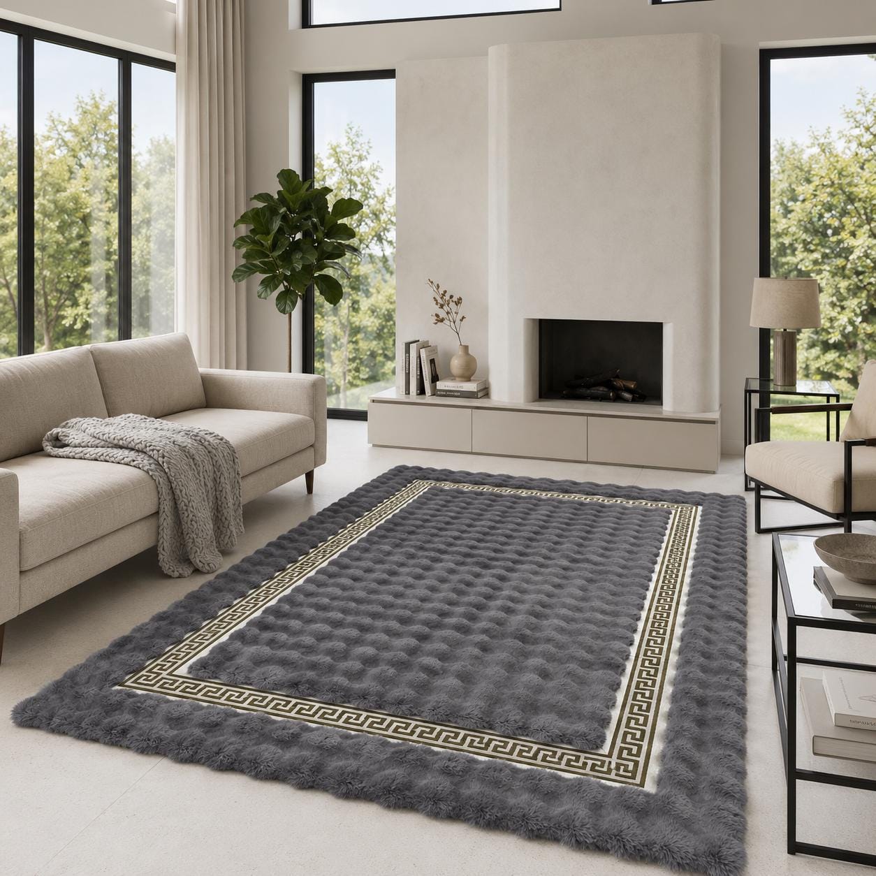 Light Grey Plush Faux Fur Rug, Silver Greek Key Border, Modern Designer Carpet