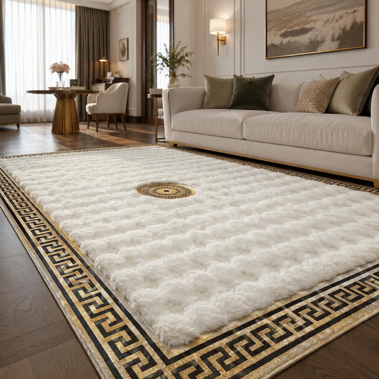 White Plush Area Rug, Gold Greek Key Border, Faux Fur Designer Carpet