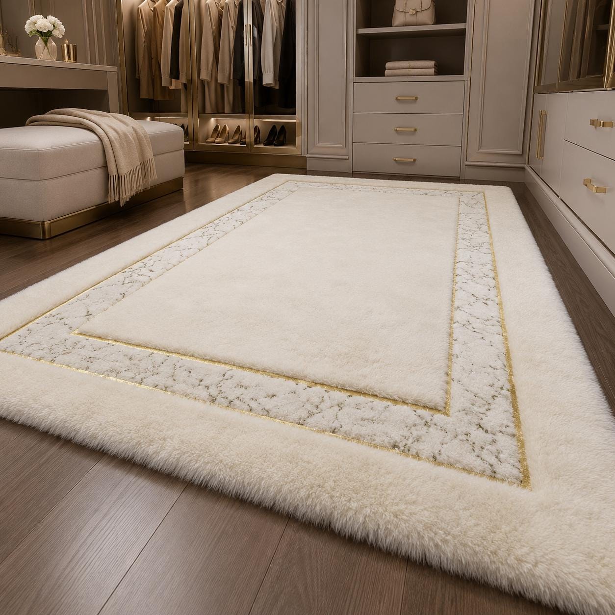 Ivory Plush Faux Fur Rug with Gold Detail, Modern Glam Area Carpet