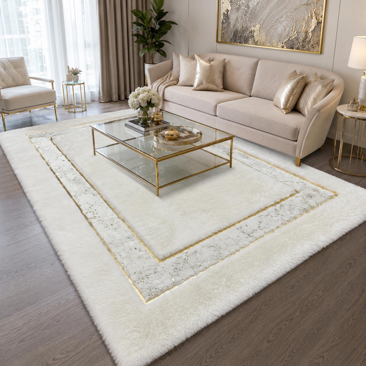 Ivory Plush Faux Fur Rug with Gold Detail, Modern Glam Area Carpet