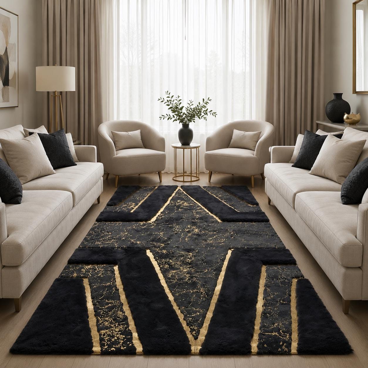 Luxury Black Gold Geometric Plush Rug, Modern Faux Fur Area Rug, Designer Statement Carpet