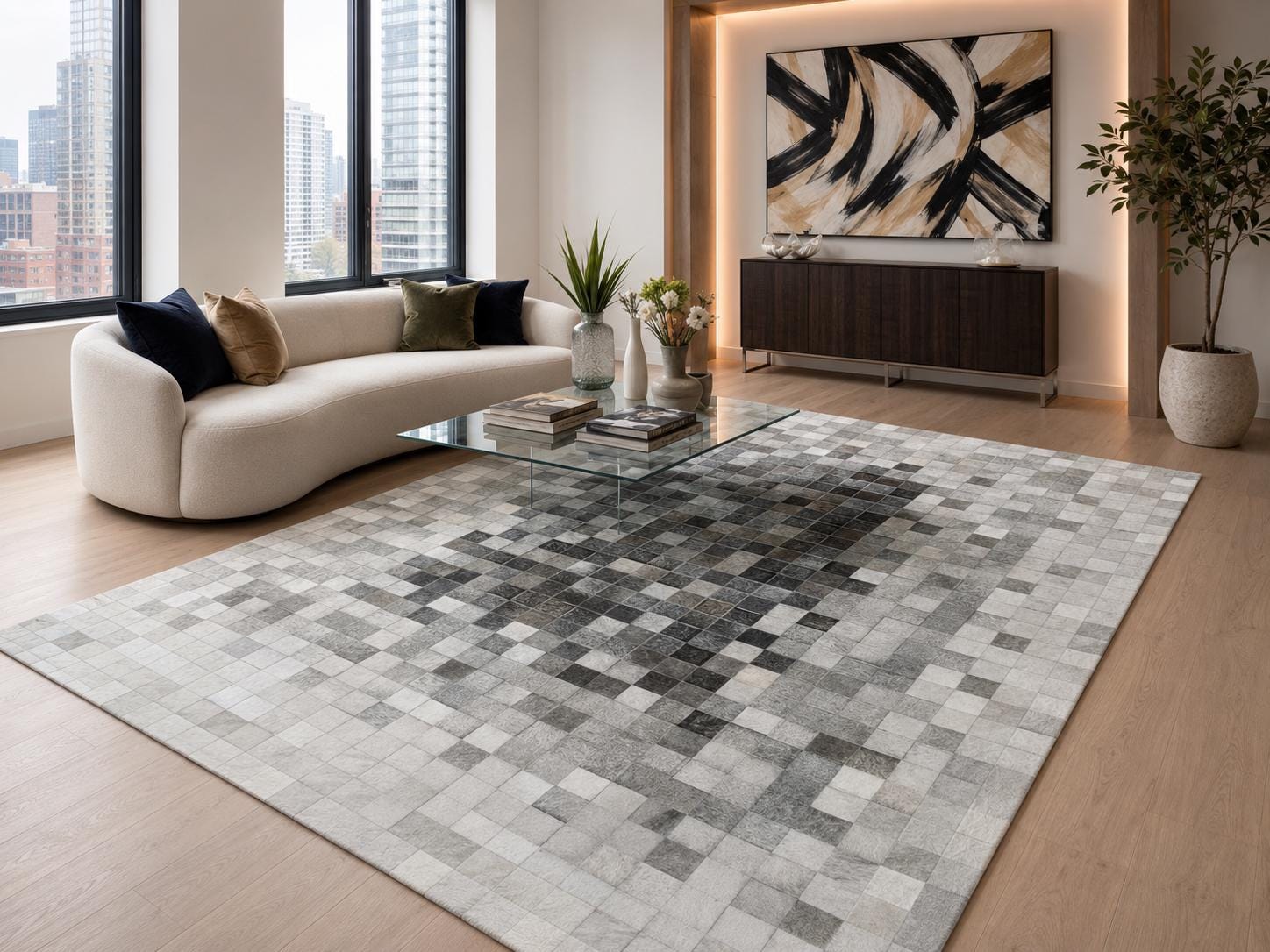 Gray Cowhide Patchwork Rug, Genuine Leather Area Carpet, Modern Square Design