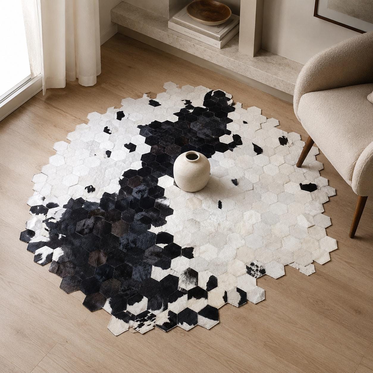 Black White Cowhide Hexagon Patchwork Rug, Genuine Leather Modern Statement Area Rug