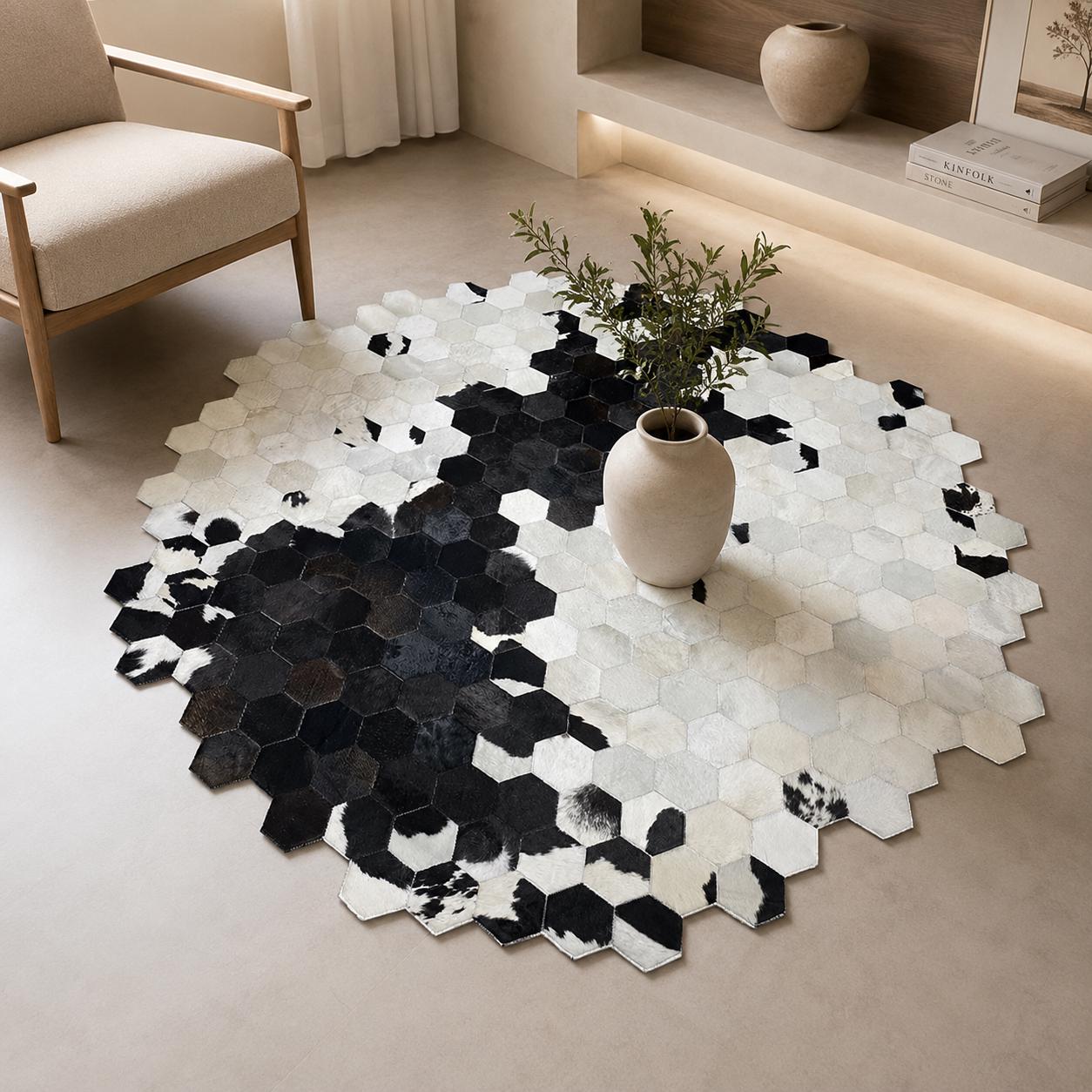 Black White Cowhide Hexagon Patchwork Rug, Genuine Leather Modern Statement Area Rug