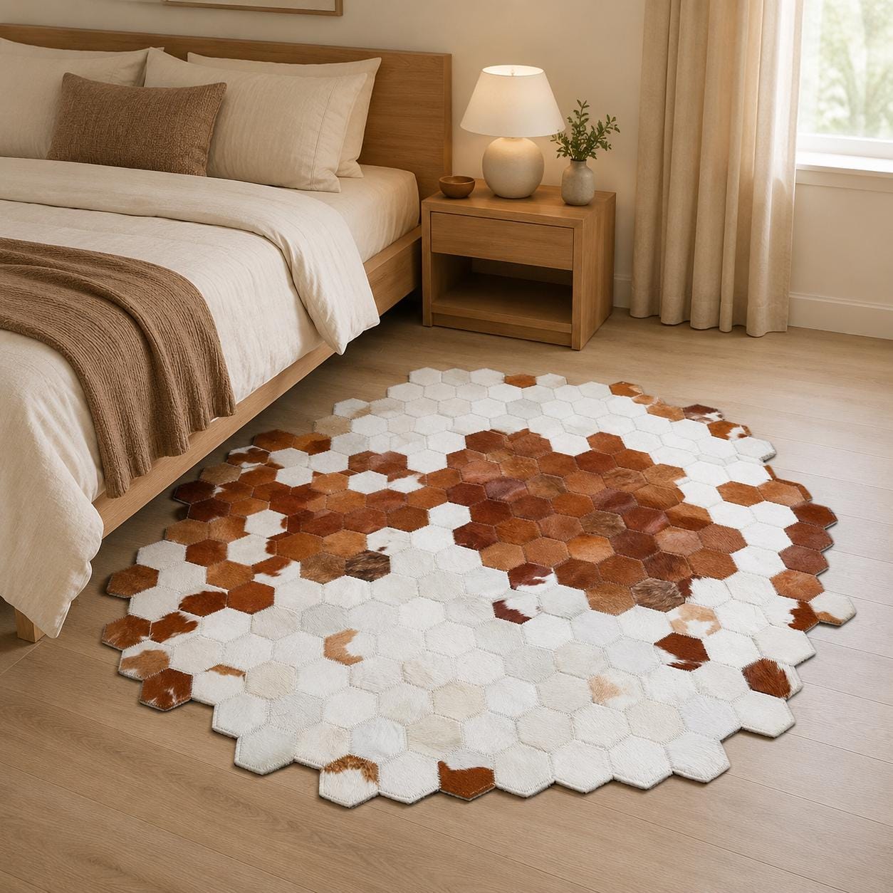 Round Brown White Cowhide Rug, Hexagon Patchwork Leather Area Rug, Modern Handmade Carpet