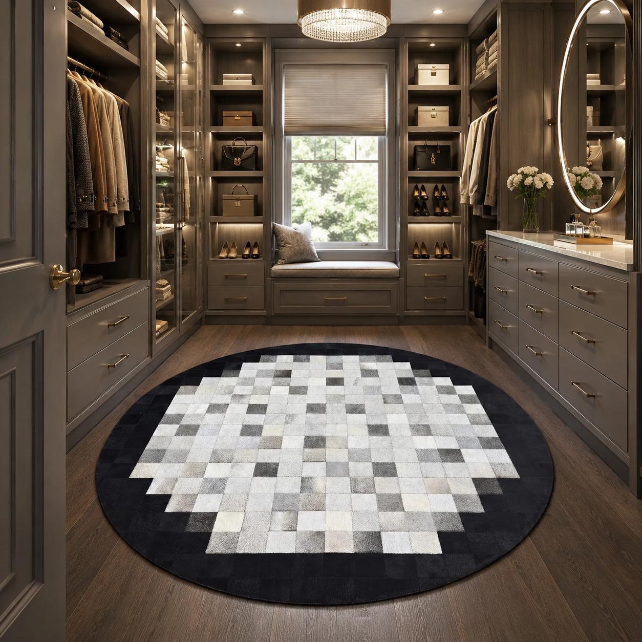 Round Black White Cowhide Rug, Patchwork Leather Area Rug, Modern Geometric Circle Carpet