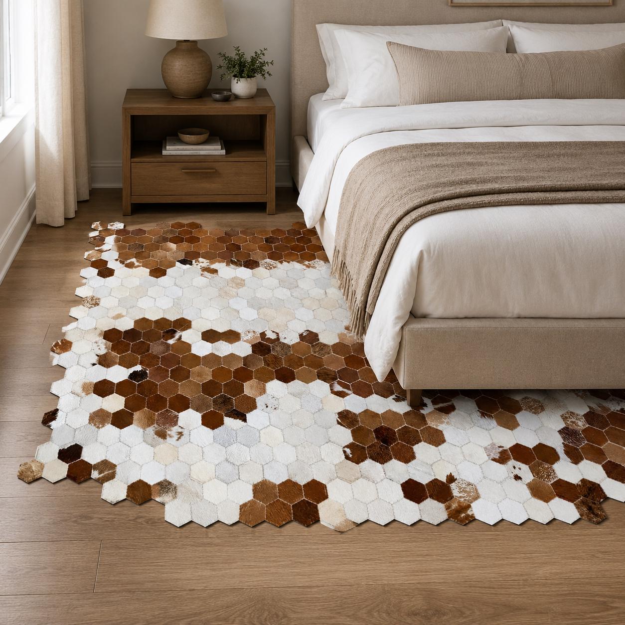 Brown White Cowhide Rug, Hexagon Patchwork Leather Area Rug, Handmade Modern Cow Skin Carpet