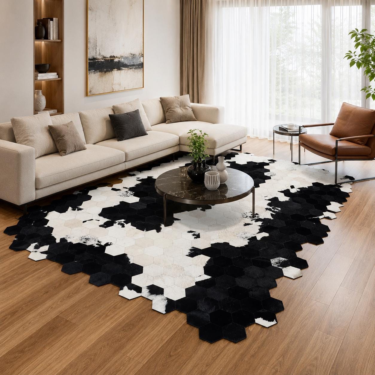 Black White Cowhide Rug, Hexagon Patchwork Leather Area Rug, Handmade Modern Cow Skin Carpet