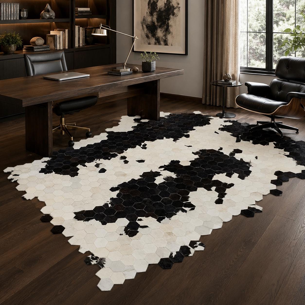 Black White Cowhide Rug, Hexagon Patchwork Leather Area Rug, Handmade Modern Cow Skin Carpet