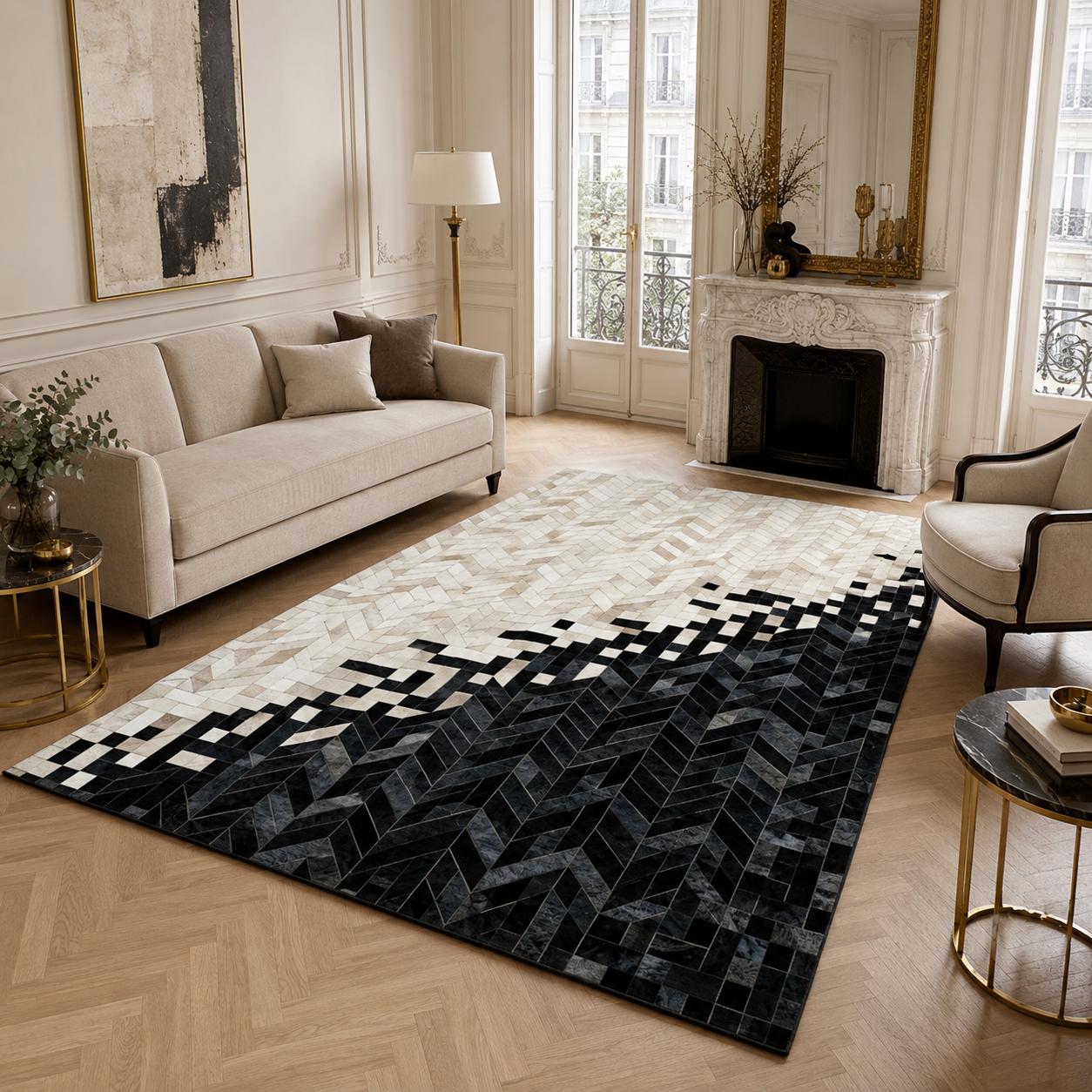 Black White Geometric Cowhide Rug, Modern Patchwork Leather Area Rug, Handmade Luxury Statement Carpet