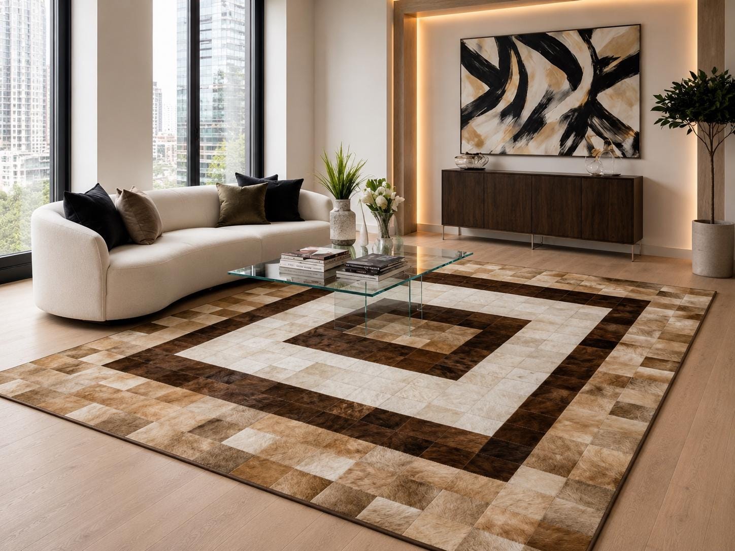 Brown Beige Cowhide Patchwork Rug, Geometric Leather Area Rug, Handmade Modern Luxury Carpet