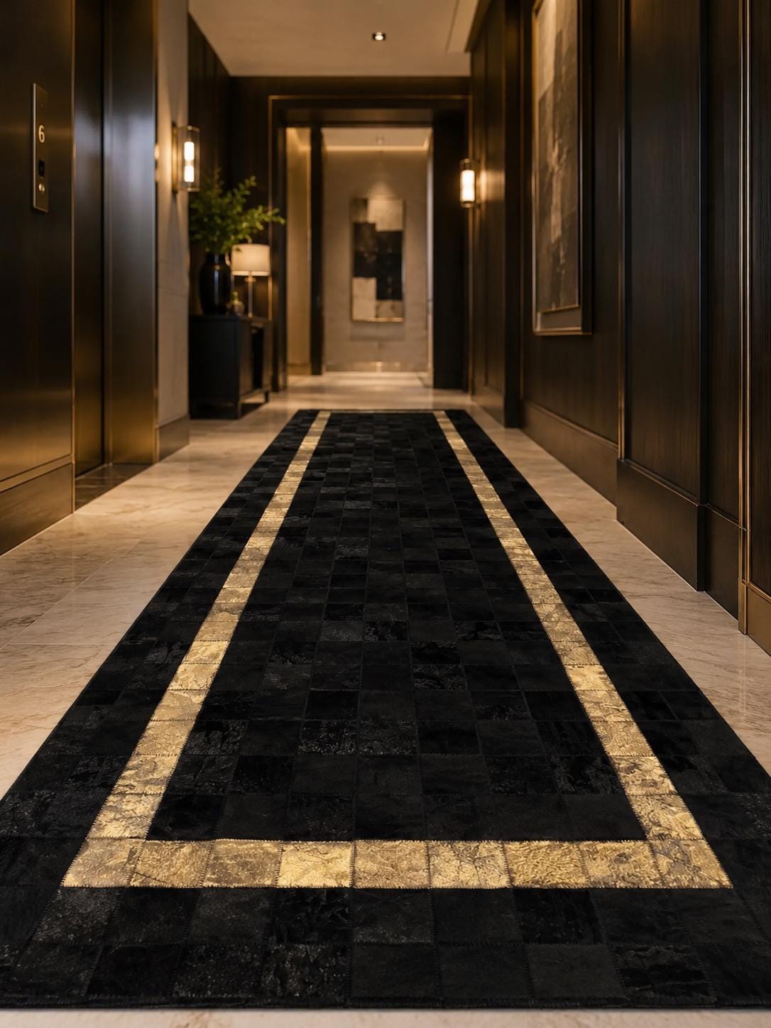 Black Gold Cowhide Runner Rug, Handmade Leather Hallway Runner, Luxury Modern Patchwork Carpet