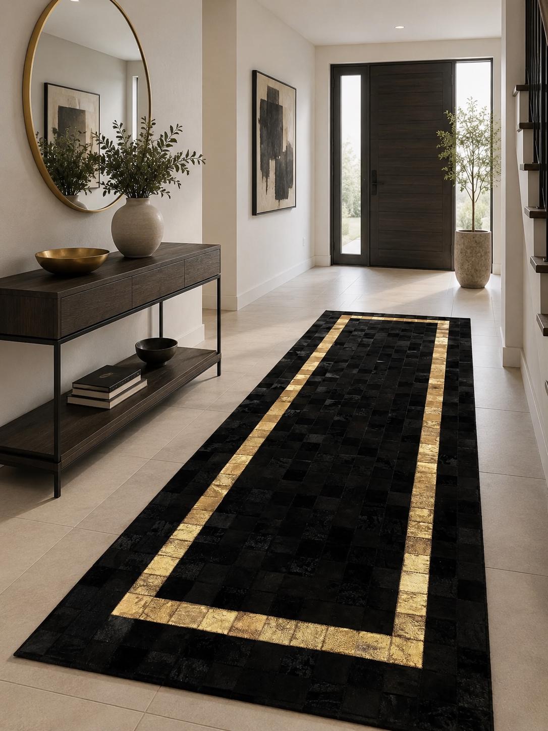 Black Gold Cowhide Runner Rug, Handmade Leather Hallway Runner, Luxury Modern Patchwork Carpet