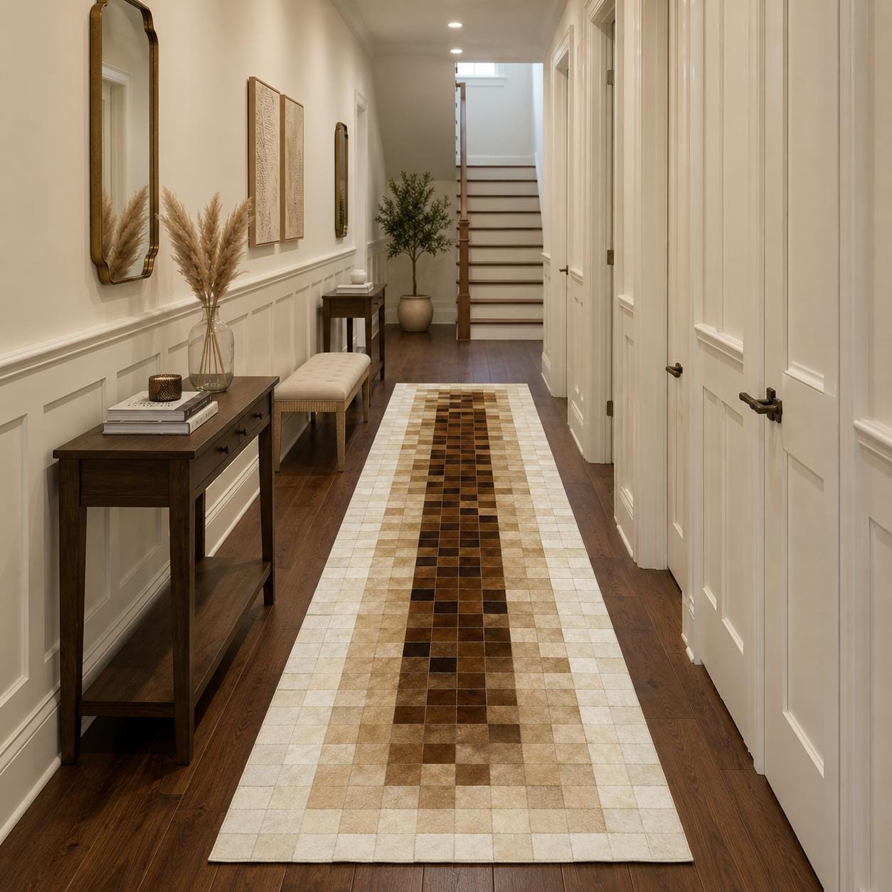 Brown Ombre Cowhide Runner Rug, Handmade Leather Hallway Runner, Modern Patchwork Luxury Carpet
