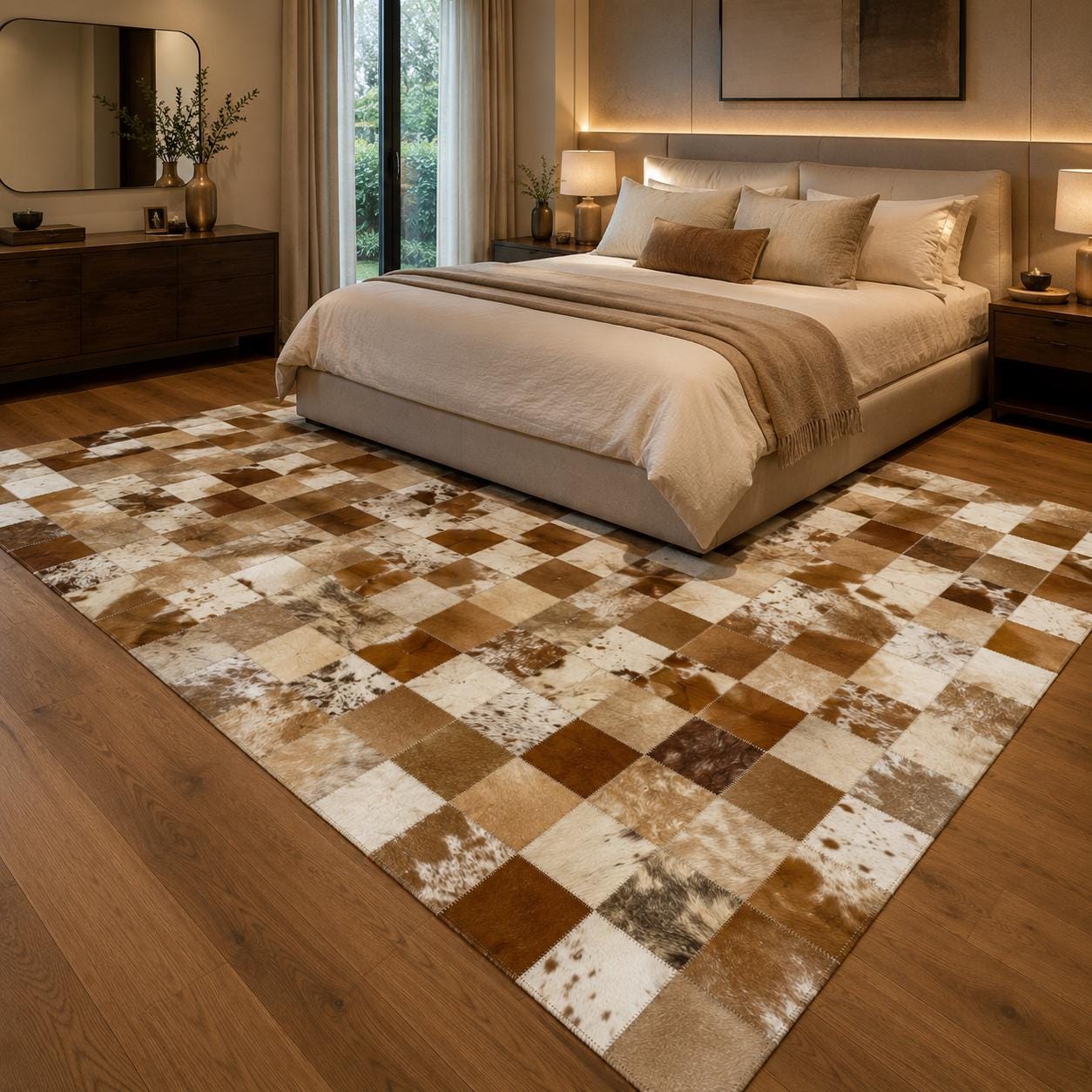 Handmade Patchwork Cowhide Rug, Modern Checkerboard Leather Area Carpet