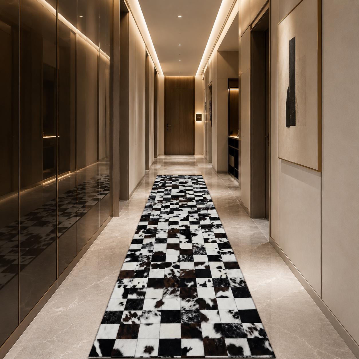 Handmade Patchwork Cowhide Runner Rug, Black White Checkerboard Hallway Carpet