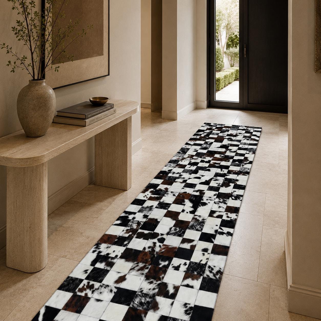 Handmade Patchwork Cowhide Runner Rug, Black White Checkerboard Hallway Carpet