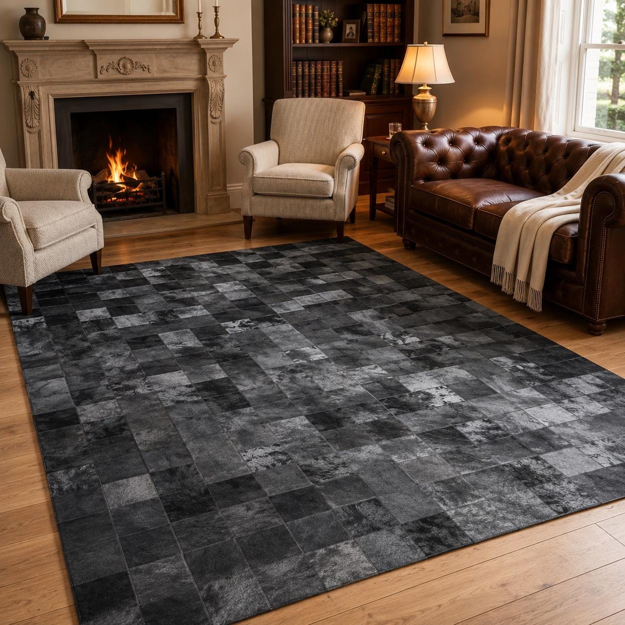 Handmade Charcoal Black Cowhide Patchwork Rug, Modern Leather Area Carpet