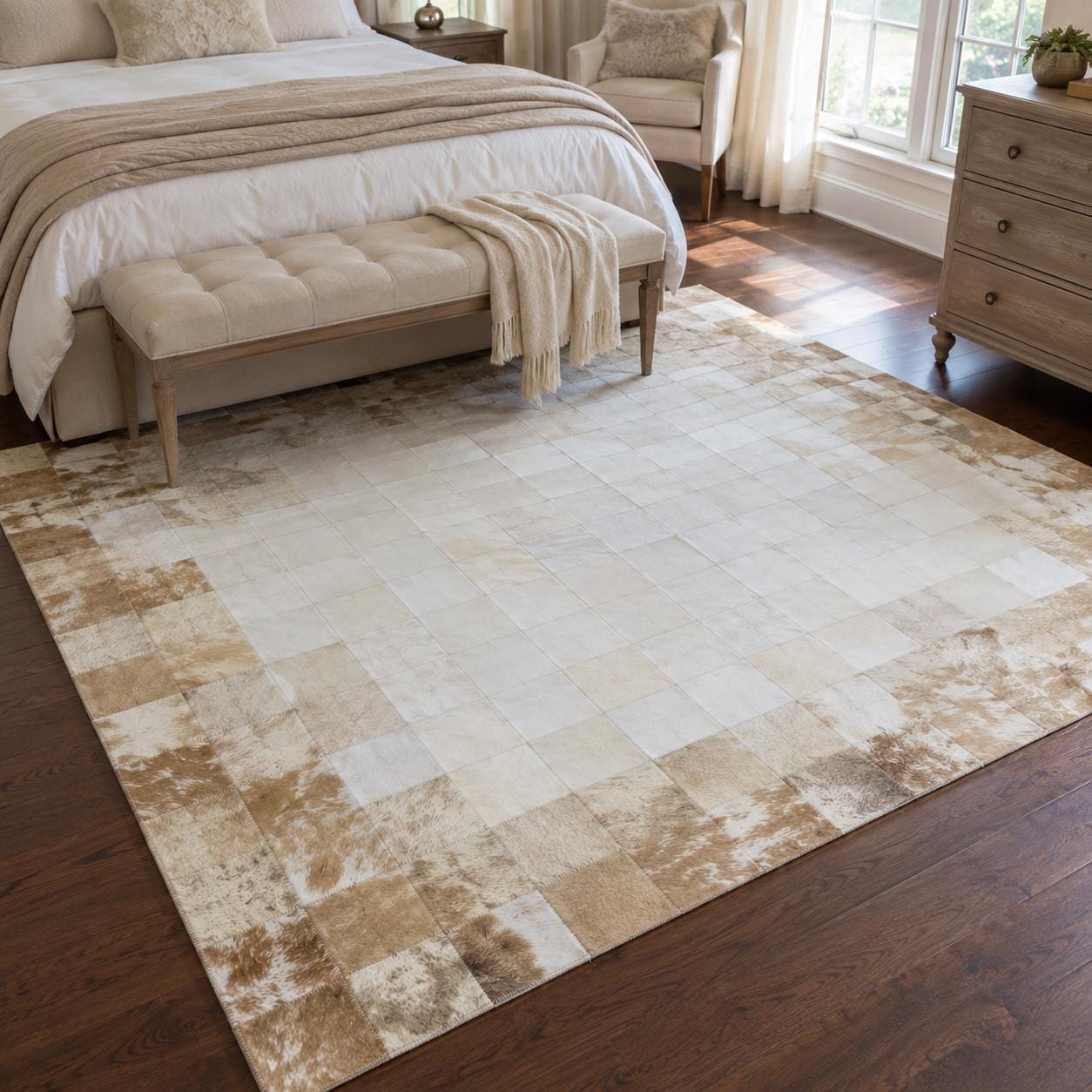 Handmade Ivory Beige Cowhide Patchwork Rug, Neutral Leather Area Carpet