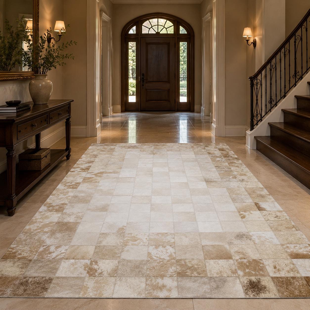 Handmade Ivory Beige Cowhide Patchwork Rug, Neutral Leather Area Carpet