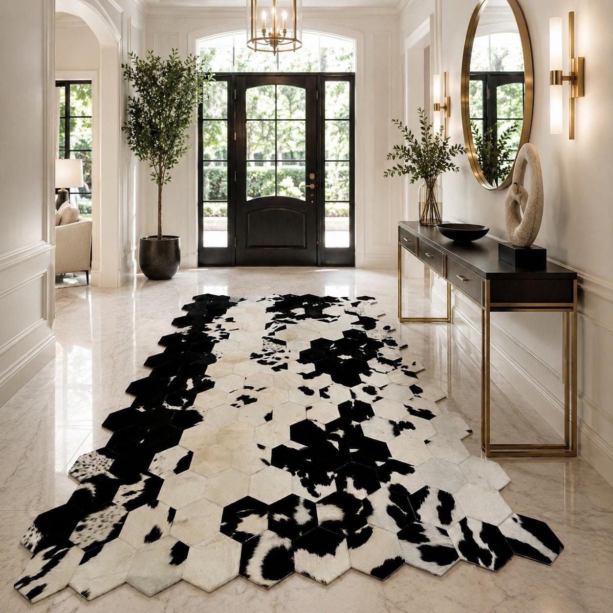 Black White Cowhide Hexagon Rug, Patchwork Leather Area Carpet